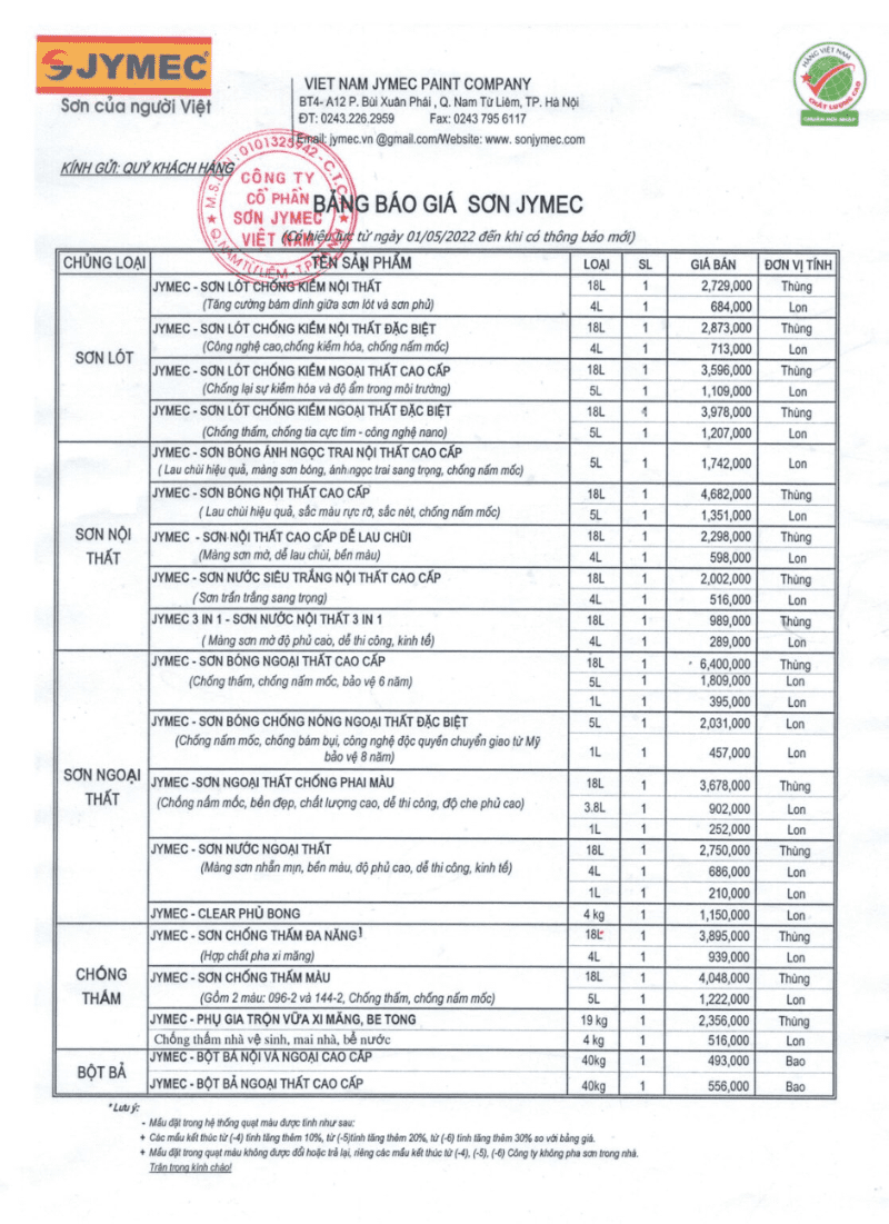 Bảng giá sơn nội thất lau chùi JYMEC Bảng giá sơn nội thất lau chùi JYMEC