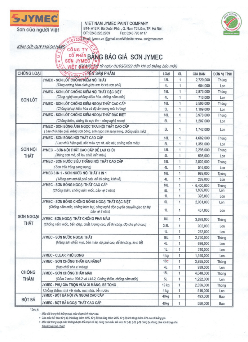 Bảng giá sơn nội thất lau chùi JYMEC