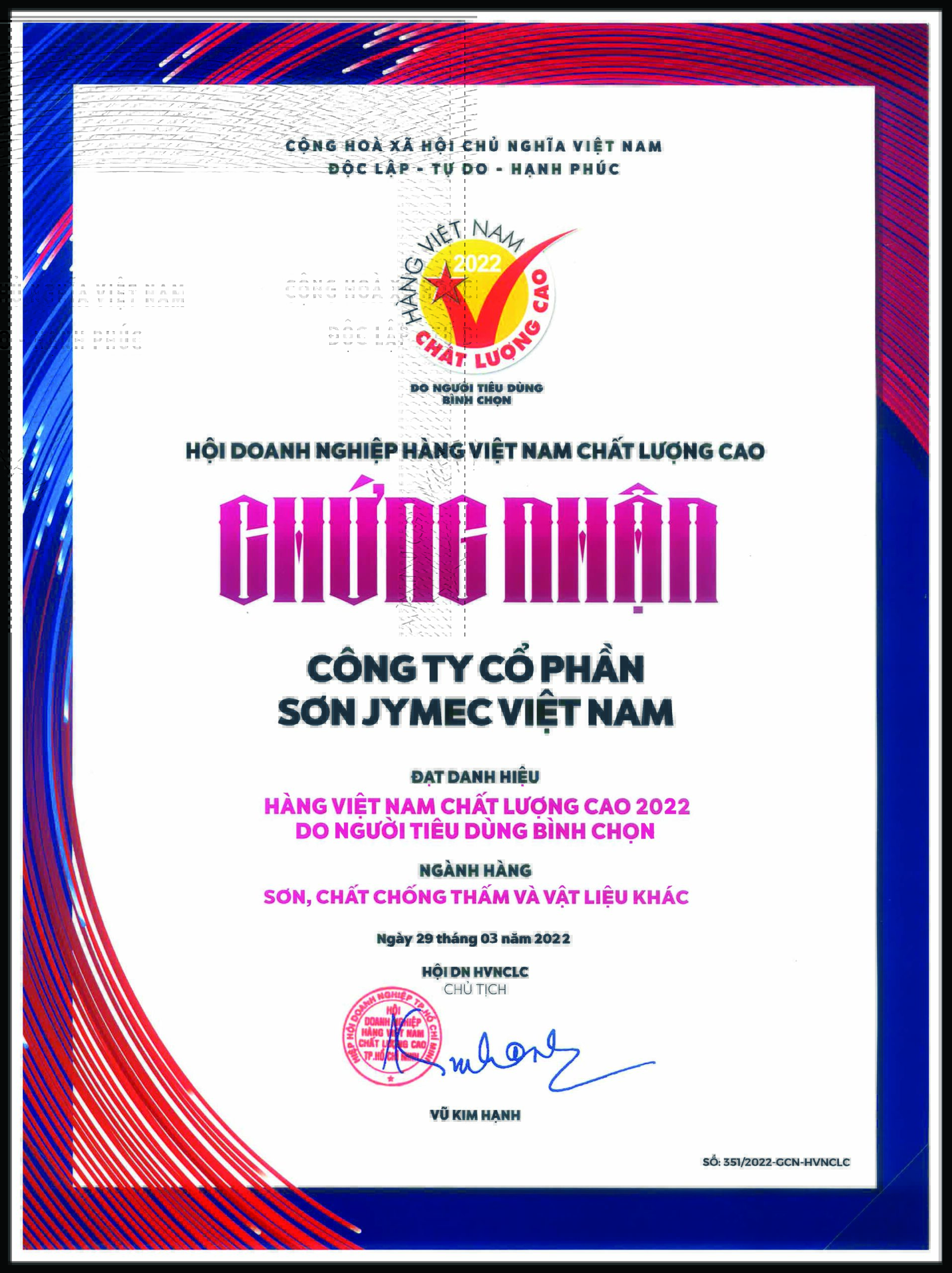 giấy chứng nhận sơn hàng việt nam chất lượng cao