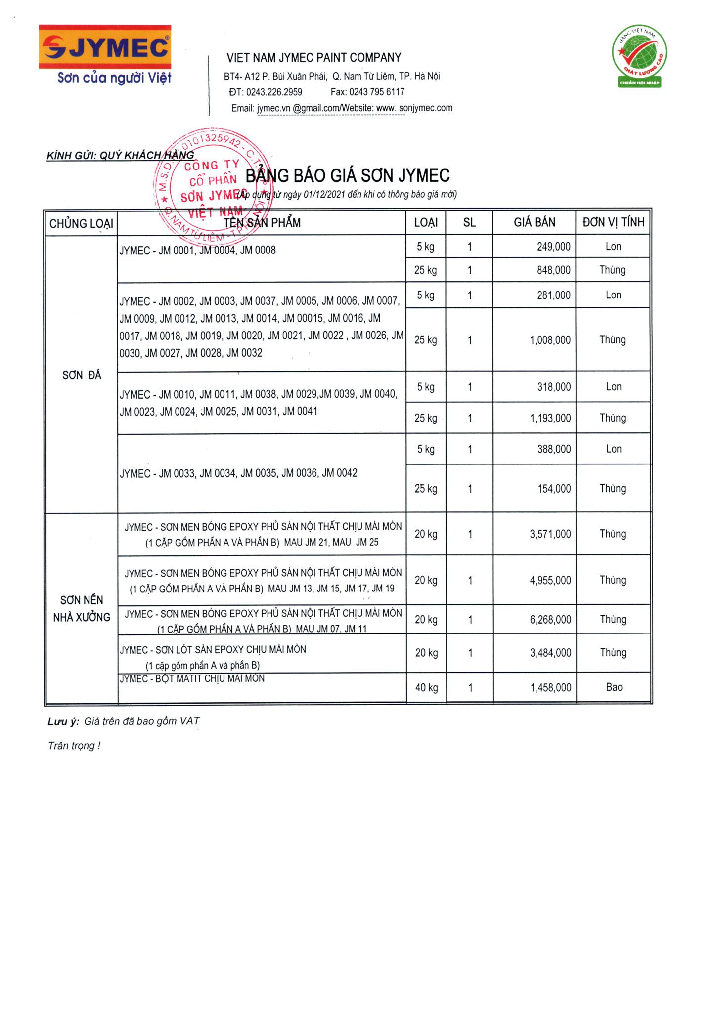 Bảng báo giá sơn sàn công nghiệp mới nhất JYMEC