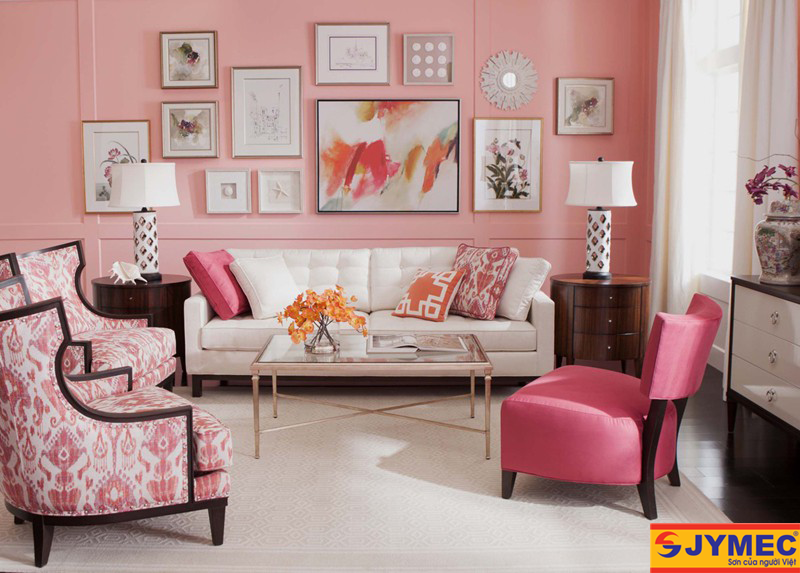 Phòng khách chung cư màu hồng