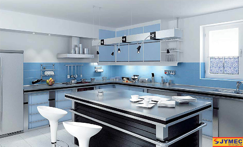 thiết kế phòng bếp màu xanh hình 2