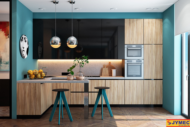 thiết kế phòng bếp màu xanh