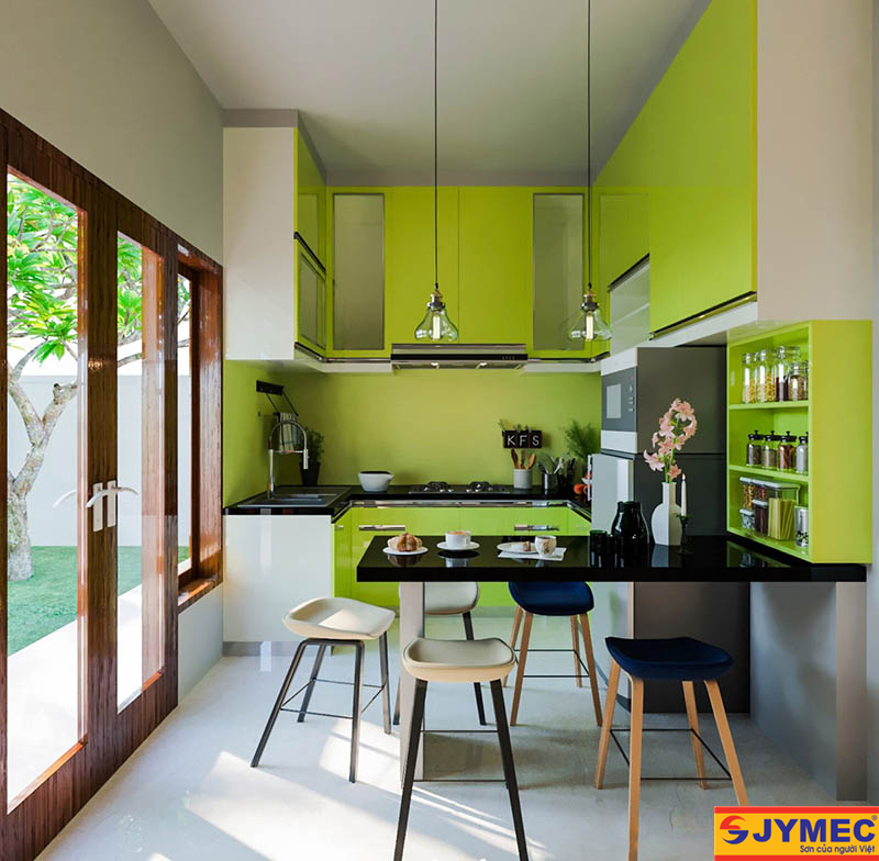 Phòng bếp màu xanh lá ấn tượng