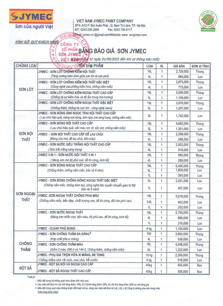 Bảng giá sơn JYMEC hình 1