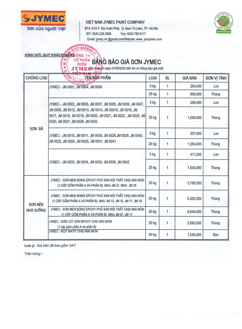 Bảng giá sơn JYMEC hình 2