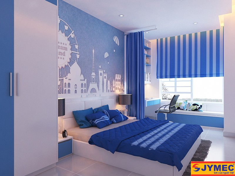 Phòng ngủ màu xanh nước biển ấn tượng