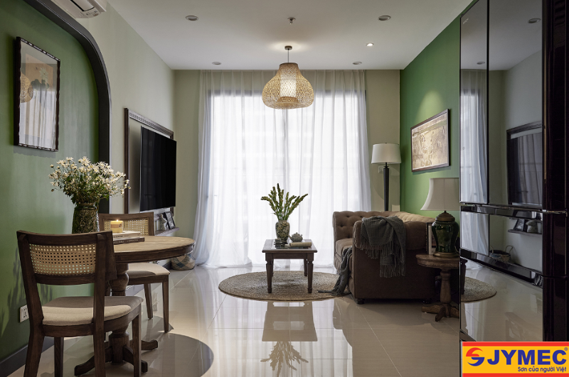phòng khách màu xanh rêu