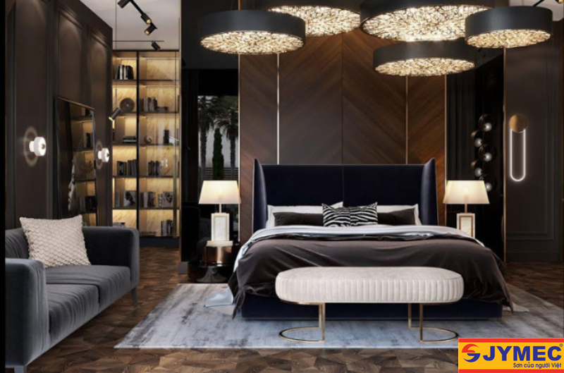 Phòng ngủ kết hợp sơn đen và đồ nội thất màu gỗ