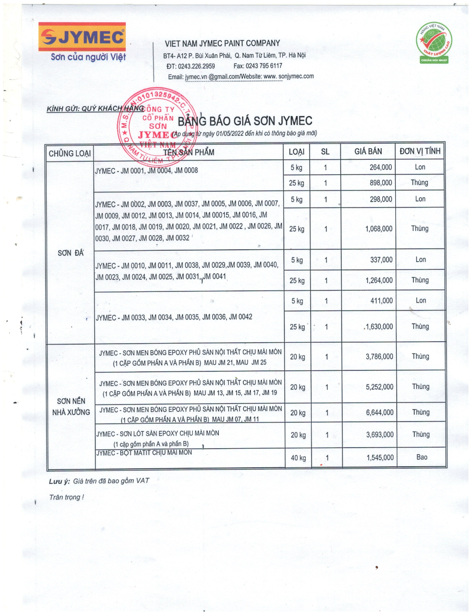 Bảng giá sơn đá JYMEC mới nhất Bảng giá sơn đá JYMEC mới nhất