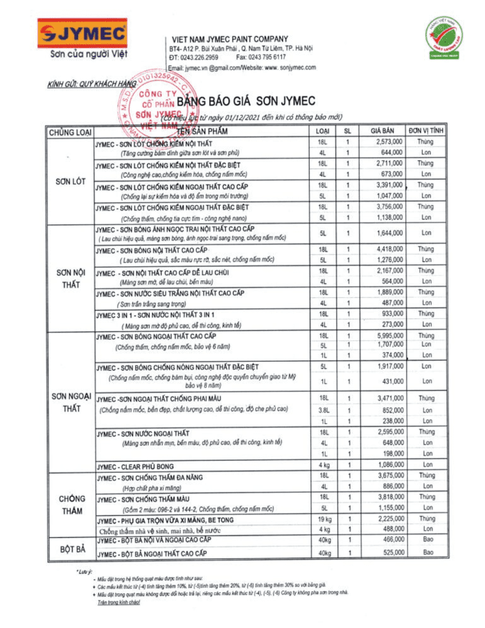 Bảng giá sơn chống thấm