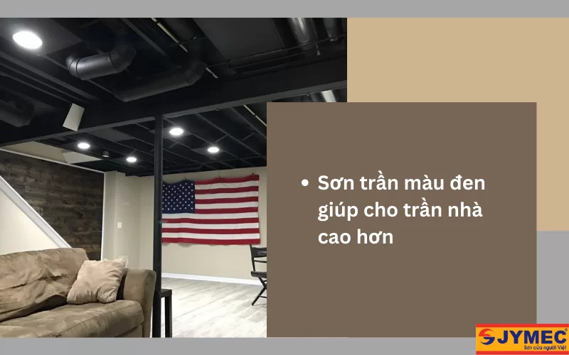 Trần màu đen nếu kết hợp tốt với màu sơn tường sẽ giúp trần cao hơn