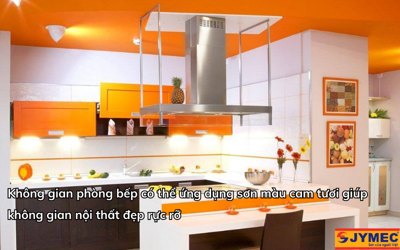 Không gian phòng bếp sơn màu cam tươi nổi bật
