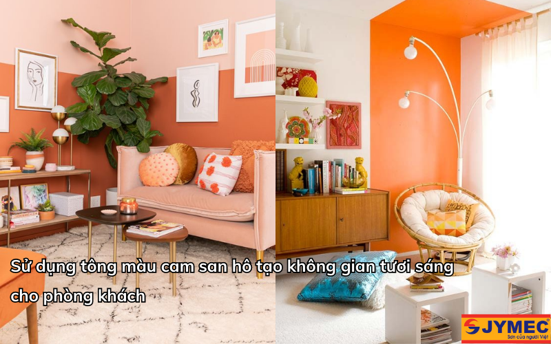 Sơn màu cam san hô tươi sáng cho phòng khách