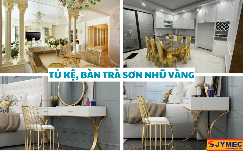 Tủ và bàn trà được sơn nhũ vàng