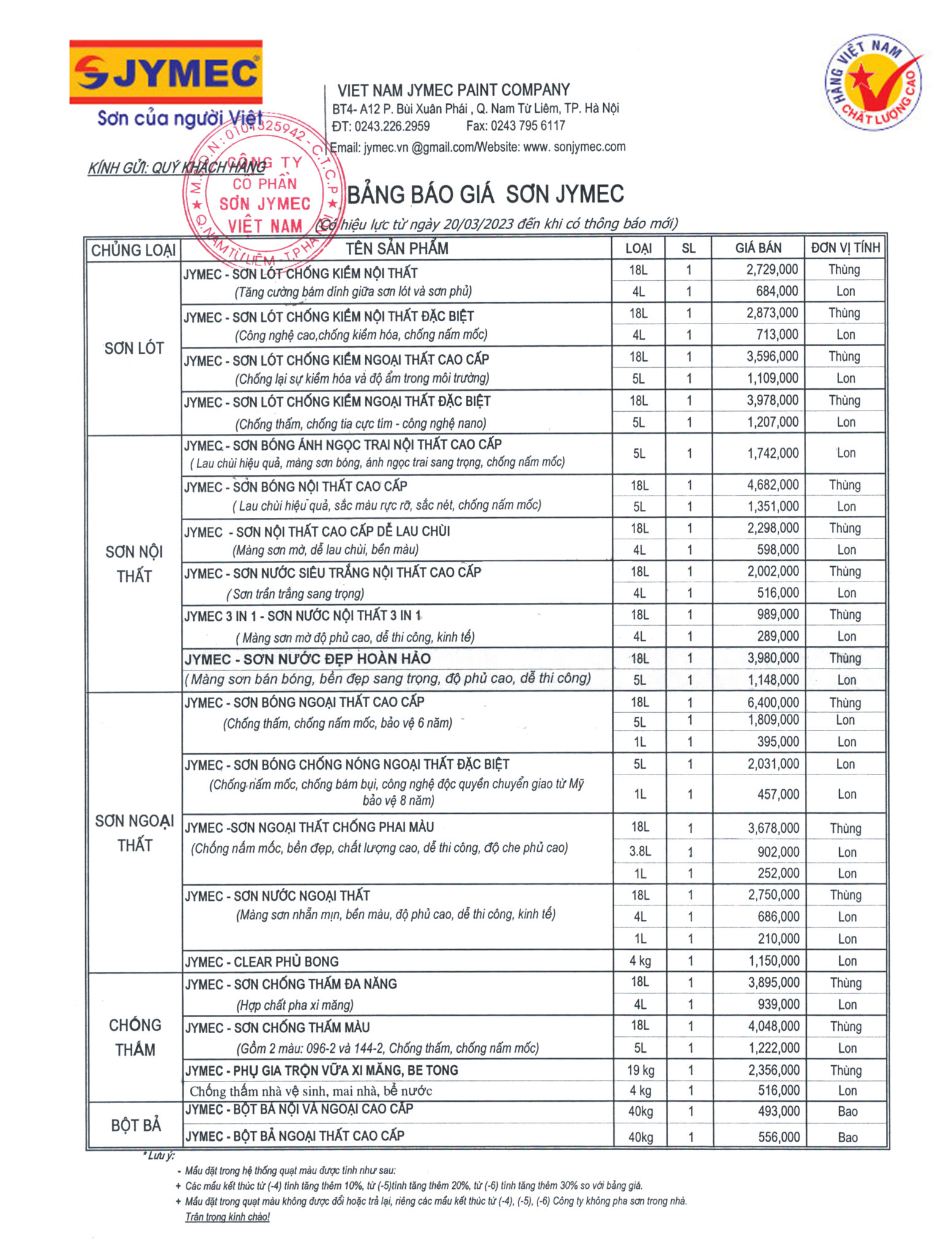 Bảng giá sơn nhà JYMEC 2023
