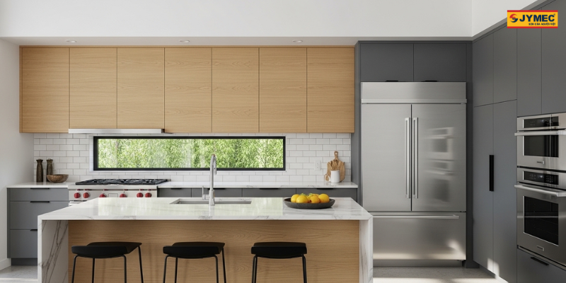 Phong Bep Hien Dai Xam Ket Hop Go