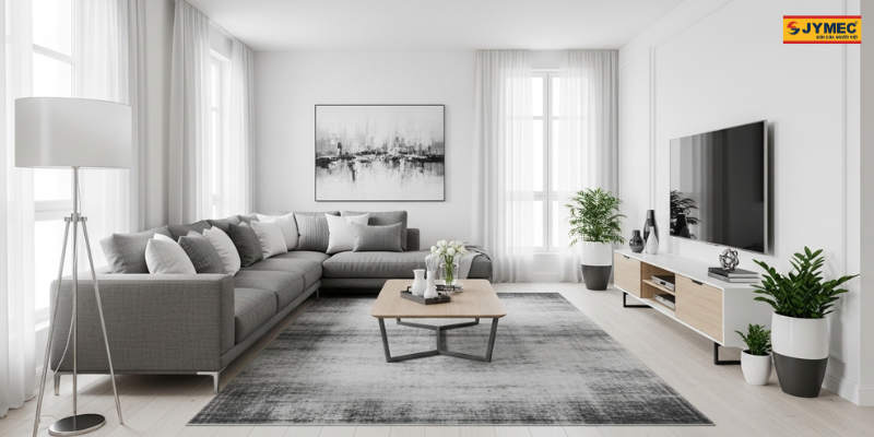 Phong Khach Son Mau Trang Ket Hop Xam Va Go