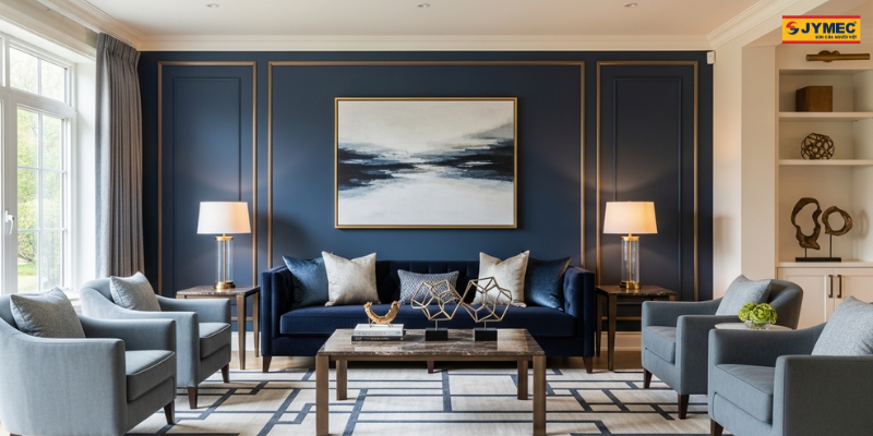 Phong Khach Su Dung Gam Mau Dam Navy Phoi Vang Dong