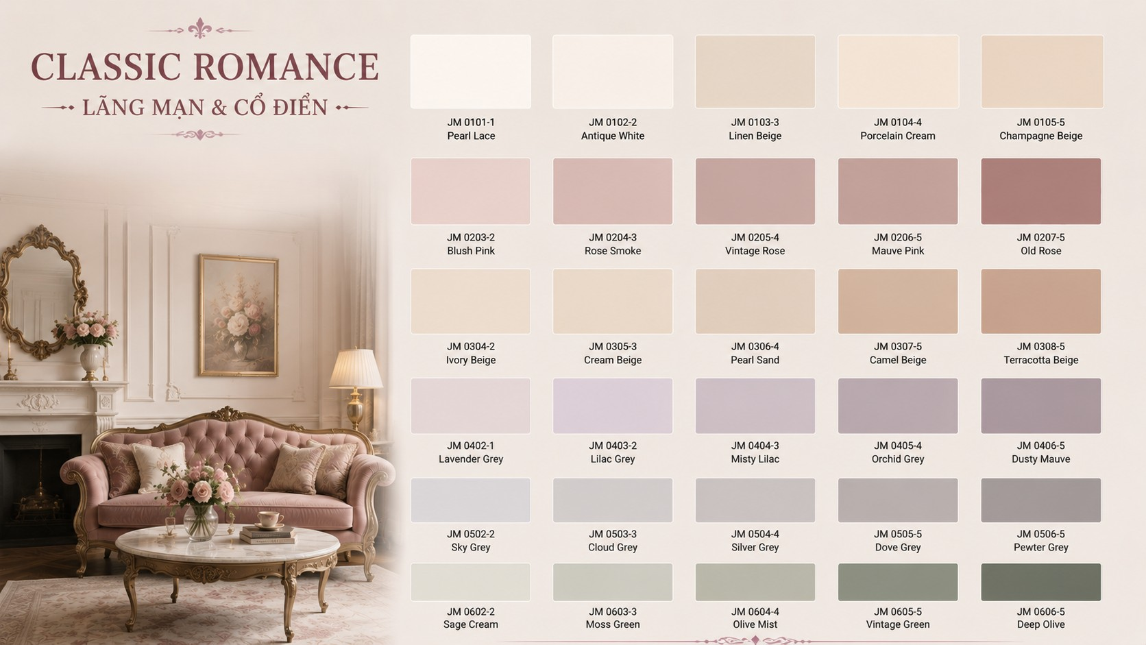 Bảng màu lãng mạn, cổ điển cho nội thất Bang Mau Lang Man Co Dien Jymec