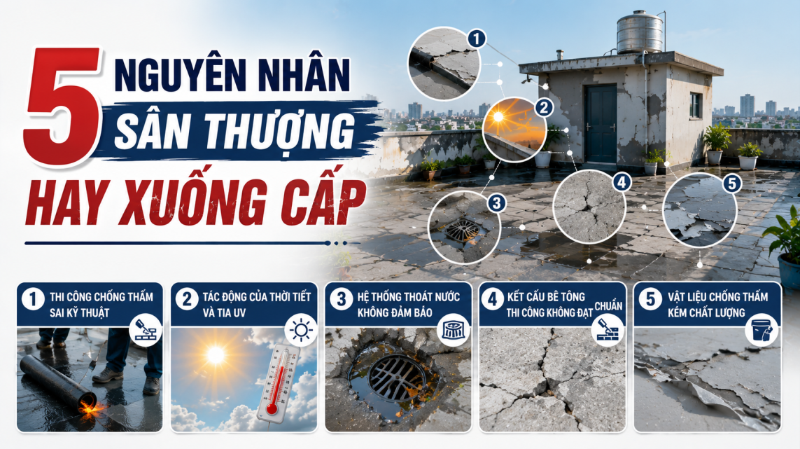 5 Nguyên nhân sân thượng hay xuống cấp và cách khắc phục hiệu quả
